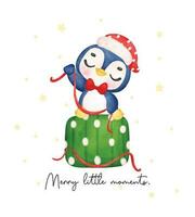 herrlich Baby Pinguin Verpackung Weihnachten Geschenk Box im festlich Aquarell, herrlich Aquarell Karikatur Illustration. perfekt zum Karten, Einladungen, und Dekorationen. vektor