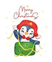 förtjusande glad bebis pingvin omslag jul gåva låda i festlig vattenfärg, härlig vattenfärg tecknad serie illustration. perfekt för kort, inbjudningar, och dekorationer. vektor
