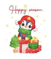 förtjusande pingvin firar jul, Sammanträde på gåva lådor. färgrik vattenfärg tecknad serie vektor