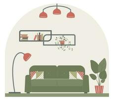 Innere Design von das Leben Zimmer mit Möbel Sofa mit Kissen, Regal mit Bücher, Innen- Pflanzen, Fußboden Lampe, Leuchter. Vektor Illustration. eben Stil.