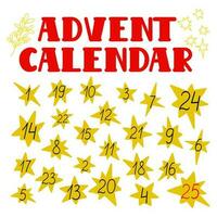 jul första advent kalender med datum på stjärnor, vinter- högtider nedräkning säsong- tradition, dag tal i slumpmässig beställa vektor