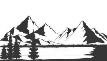 enkel ritad för hand nordlig landskap, kullar med barrträd, berg sjö, flod. vektor teckning med svart översikt. bläck skiss. vilda djur och växter. turism och resa. för grafik, vykort, posters