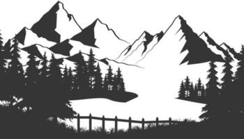 schwarz und Weiß Berg mit Kiefer Bäume und See. Berg Silhouette mit Kiefer Bäume und See. vektor