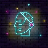 Speicher, Roboter, Intelligenz, Clever Symbol , Neon- auf Mauer. dunkel Hintergrund Backstein Mauer Neon- Symbol. vektor