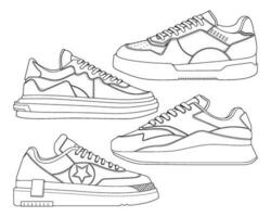 einstellen von Schuhe Sneaker Gliederung Zeichnung Vektor, Turnschuhe gezeichnet im ein skizzieren Stil, Bündelung Turnschuhe Sportschuhe Vorlage Umriss, Vektor Illustration.