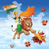 Mutter Indien auf Löwe mit Tricolor Saree zerstörte Virus mit ihrer Kraft