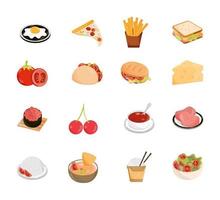 mat meny restaurang mellanmål ingrediens platt stil ikoner set vektor