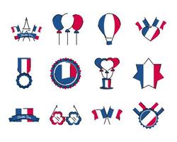 Frankreich und Bastille Day Line und Fill Style Icon Set Vector Design set