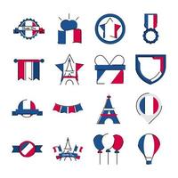 Frankreich und Bastille Day Line und Fill Style Icon Set Vector Design set