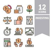 Geldsymbole für Investitionen in die Finanzwirtschaft setzen Linie und Füllsymbol vektor