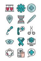 medicinsk hälso- och sjukvård utrustning hjälp ikoner anger linje och fylla stil vektor