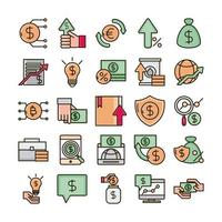 Geldsymbole für Investitionen in die Finanzwirtschaft setzen Linie und Füllsymbol vektor