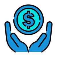 Hände Münze Spende Nächstenliebe Gliederung Blau Symbol Taste Logo Gemeinschaft Unterstützung Design vektor