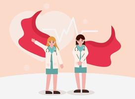 läkare hjälte kvinnlig läkare med rockar och stetoskop och röd kappa vektor