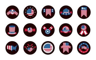 4. Juli Unabhängigkeitstag Feier Ehre Denkmal amerikanische Flagge Icons Set Block und Flat Style Icon vektor