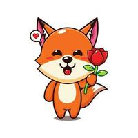 süß Fuchs halten Rose Blume Karikatur Vektor Illustration.
