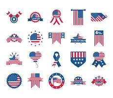 4. Juli Unabhängigkeitstag Feier Ehre Denkmal amerikanische Flagge Icons Set Flat Style Icon vektor