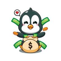 söt pingvin med pengar väska tecknad serie vektor illustration.