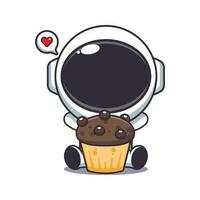 süß Astronaut mit Tasse Kuchen Karikatur Vektor Illustration.