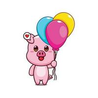 süß Schwein mit Ballon Karikatur Vektor Illustration.