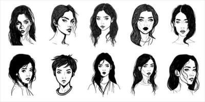 einfach, minimalistisch Vektor Illustration einstellen von schön Frau Gesicht. Linie Zeichnung. einer Linie Kunst.