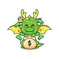 Drachen mit Geld Tasche Karikatur Vektor Illustration.