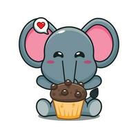 Elefant mit Tasse Kuchen Karikatur Vektor Illustration.