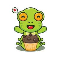 süß Frosch mit Tasse Kuchen Karikatur Vektor Illustration.