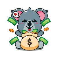 süß Koala mit Geld Tasche Karikatur Vektor Illustration.