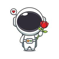 söt astronaut innehav reste sig blomma tecknad serie vektor illustration.