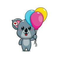drucksüß Koala mit Ballon Karikatur Vektor Illustration.