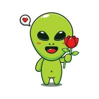 süß Außerirdischer halten Rose Blume Karikatur Vektor Illustration.