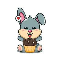 süß Hase mit Tasse Kuchen Karikatur Vektor Illustration.