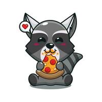 süß Waschbär Essen Pizza Karikatur Vektor Illustration.