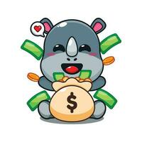 süß Nashorn mit Geld Tasche Karikatur Vektor Illustration.