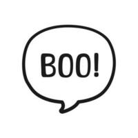 Boo Text im Rede Blase Gekritzel Design. Vektor Illustration. glücklich Halloween Gruß Karte. Karikatur Hand gezeichnet Kalligraphie Stil.