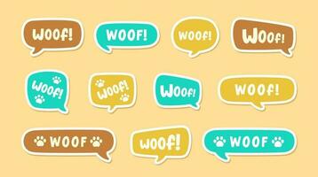 väft text i en Tal bubbla ballong uppsättning, digital klistermärke design. söt tecknad serie serier hund bark ljud effekt och text. texturerad vektor illustration.