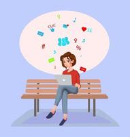 ung kvinna sitter på bänken och arbetar med laptop tecknad illustration av sociala nätverk och sms till vänner vektor