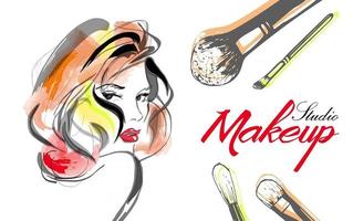 Vektor handgezeichnete Illustration mit Frau und Make-up Pinsel Konzept für Schönheitssalon Kosmetik Label Kosmetik Verfahren Gesicht und Make-up