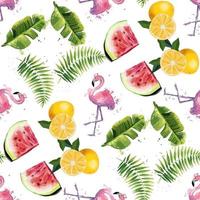 sömlösa mönster med tropiska blad vattenmeloner apelsiner och flamingos vektor