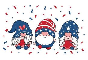 söt tre trio gnome självständighetsdagen 4 juli gnome patriotisk i rött och blått tecknad illustration doodle clipart vektor