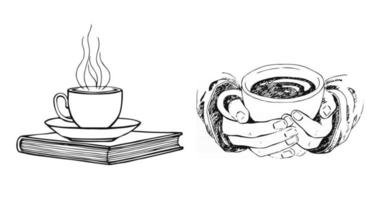 Hand gezeichnete Skizze von Händen, die eine Tasse Kaffee oder Tee und ein Buch auf weißem Hintergrund halten. morgens frisches Getränk isoliert auf weißem Hintergrund vektor