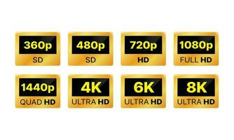 video upplösning visa definition ikoner, gyllene 8 K 4k 5k ultra hd video upplösning ikon vektor