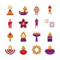 Bündel von sechzehn Diwali-Sets flacher Stilikonen vektor