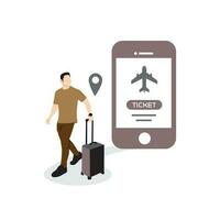 platt design vektor illustration begrepp av uppkopplad bokning. en man med en resväska och en smartphone.