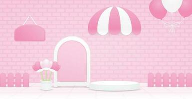 süß mädchenhaft kawaii Pastell- Rosa Anzeige Podium mit runden Markise und Schild auf Fliese Fußboden und Backstein Mauer Hintergrund 3d Illustration Vektor zum Putten Objekt oder Produkt