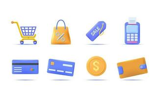 3d uppkopplad handla ikon uppsättning. handla vagn, väska, märka, betalning, kreditera kort, plånbok och pengar ikoner. vektor
