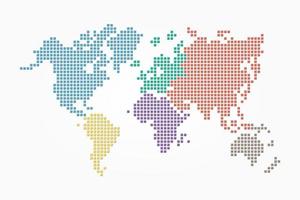 Weltkartenpixelstil und flaches Farbdesign in verschiedenen Farben des Kontinents vektor