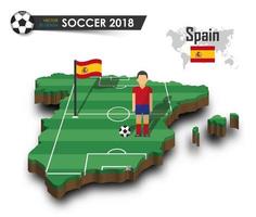 Spanien Fußballnationalmannschaft Fußballspieler und Flagge auf 3D-Design Landkarte isolierter Hintergrundvektor für das internationale Weltmeisterschaftsturnier 2018 Konzept vektor