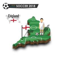 England Fußballnationalmannschaft Fußballspieler und Flagge auf 3D-Design-Landkarte isolierter Hintergrundvektor für das Konzept des internationalen Weltmeisterschaftsturniers 2018 vektor